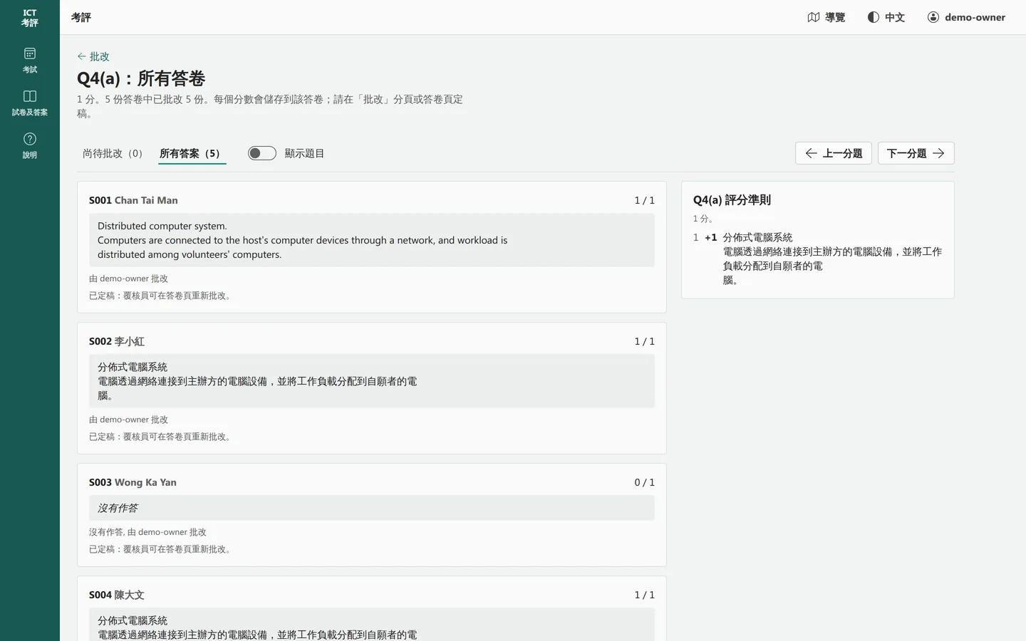逐題批改一個分題：每名考生的中文或英文答案及分數，旁邊附該分題的評卷參考。