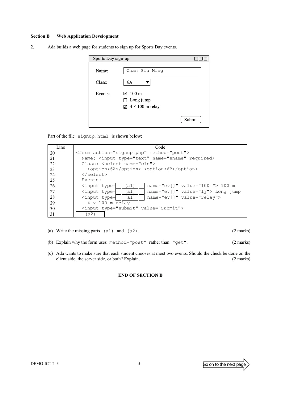 Page 3: Section B, with a drawn web form and a line-numbered HTML listing with boxed answer blanks.